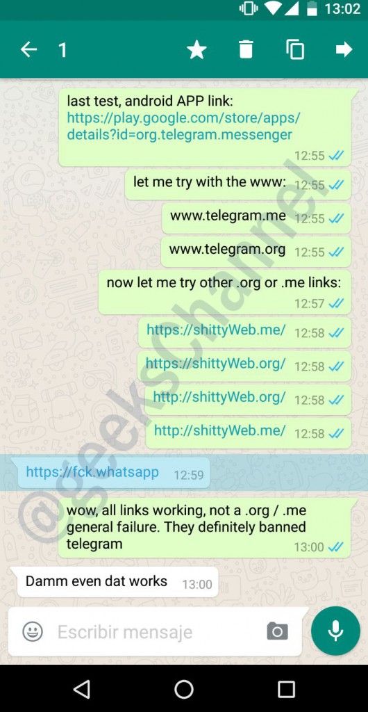 Whatsapp banned Telegram links